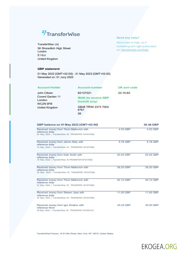 Relevé des finances de TransferWise aux États Unis